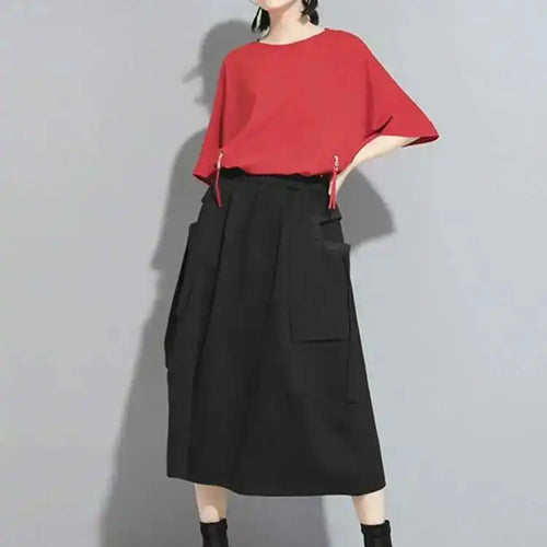 Load image into Gallery viewer, Hight Elastic Waist Black Pockets Ribbon Long Casual Half-body Skirt Women Fashion Tide New Spring Autumn 2025 1DF5316
