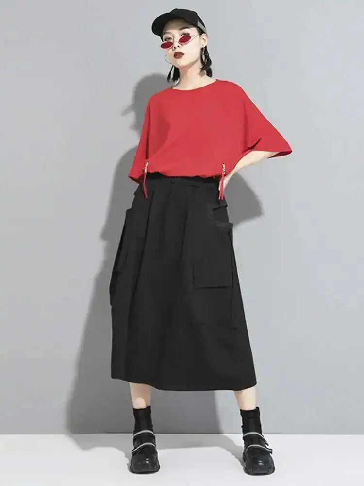 Hight Elastic Waist Black Pockets Ribbon Long Casual Half-body Skirt Women Fashion Tide New Spring Autumn 2025 1DF5316