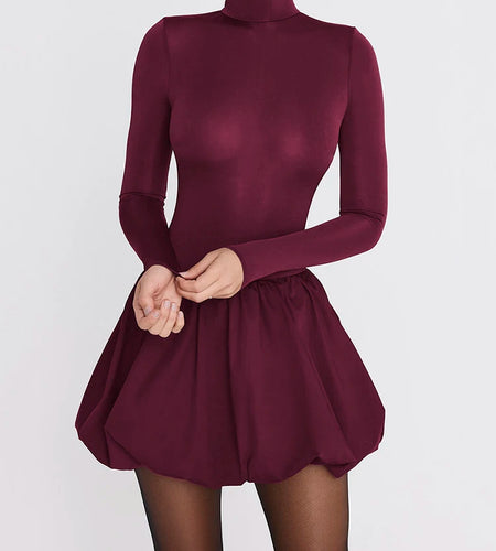Turtleneck Long Sleeve Sexy Mini Dress For Women Robe Fashion Burgundy Patchwork High Waist A-line Club Pleated Dress