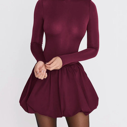 Load image into Gallery viewer, Turtleneck Long Sleeve Sexy Mini Dress For Women Robe Fashion Burgundy Patchwork High Waist A-line Club Pleated Dress
