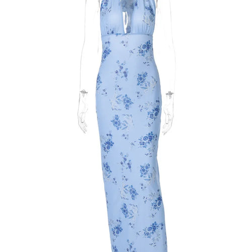Load image into Gallery viewer, Summer Backless Print Maxi Dress Women Beach Holiday Gown Elegant Halter Deep V Neck Sleeveless Bodycon Long Dress

