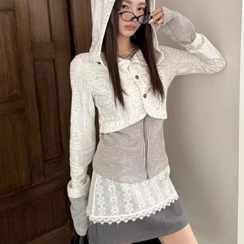 Load image into Gallery viewer, Y2k Aesthetic Fake Two Pieces Zipper Jackets Streetwear Casual Hooded Print Tops Vintage Patchwork Bodycon Coats Women Harajuku
