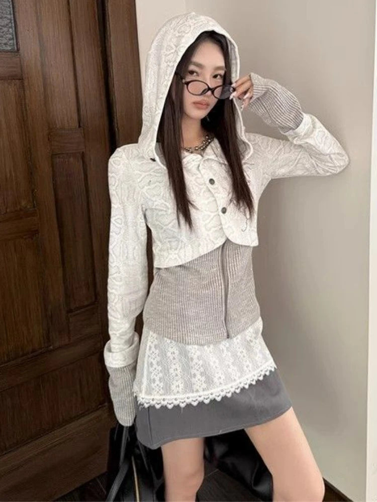 Y2k Aesthetic Fake Two Pieces Zipper Jackets Streetwear Casual Hooded Print Tops Vintage Patchwork Bodycon Coats Women Harajuku