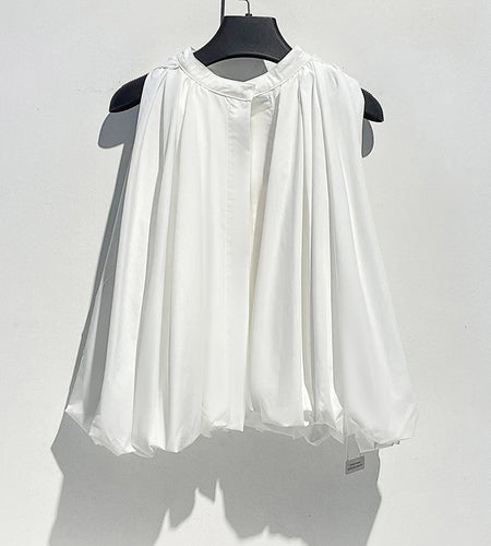Women White Pleated Elegant Big Size Bud Blouse New Stand Collar Sleeveless Shirt Fashion Tide Spring Summer 2025 1DJ1484