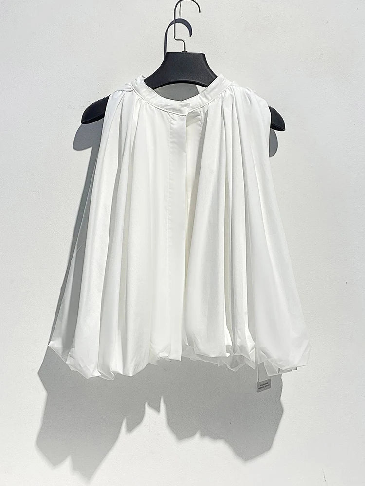 Women White Pleated Elegant Big Size Bud Blouse New Stand Collar Sleeveless Shirt Fashion Tide Spring Summer 2025 1DJ1484