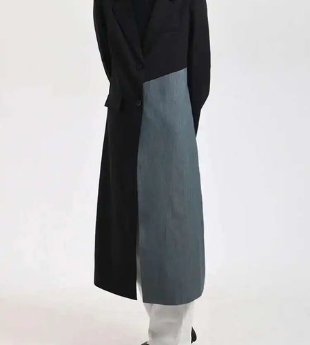 Women Black Denim Color-block Long Big Size Blazer New Lapel Long Sleeve Jacket Fashion Tide Spring Autumn 2025 26D810401