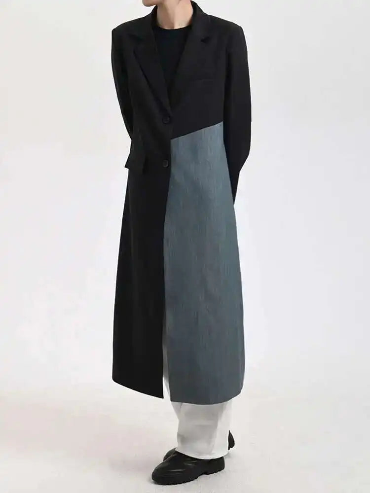 Women Black Denim Color-block Long Big Size Blazer New Lapel Long Sleeve Jacket Fashion Tide Spring Autumn 2025 26D810401