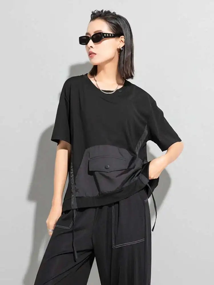 Women Red Color-block Pocket Big Size Casual  T-shirt New Round Neck Short Sleeve Fashion Tide Spring Summer 2025 1DH5953