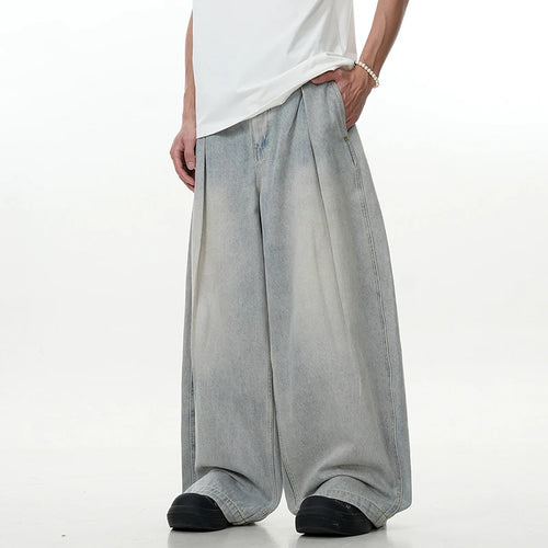 Load image into Gallery viewer, Simple Men&#39;s Denim Pants Droop Pleated Droop Washing High Street Casual Solid Color Straight Wide Leg Male Trousers 9C8878
