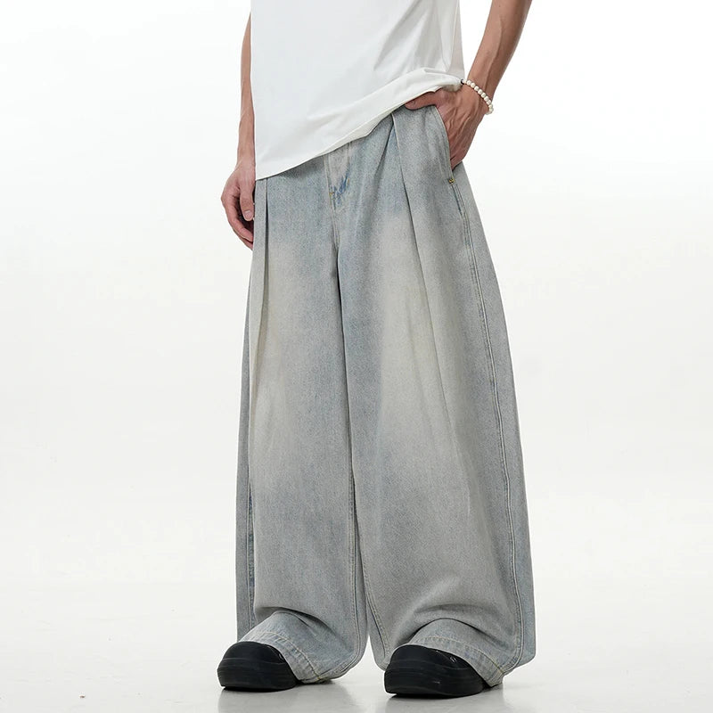 Simple Men's Denim Pants Droop Pleated Droop Washing High Street Casual Solid Color Straight Wide Leg Male Trousers 9C8878