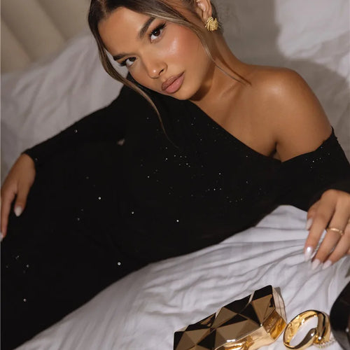 Load image into Gallery viewer, Sparkle Long Sleeve Sexy Maxi Dress For Women Inclined Shoulder Backless Bodycon Ruched Club Party Sexy Long Dress
