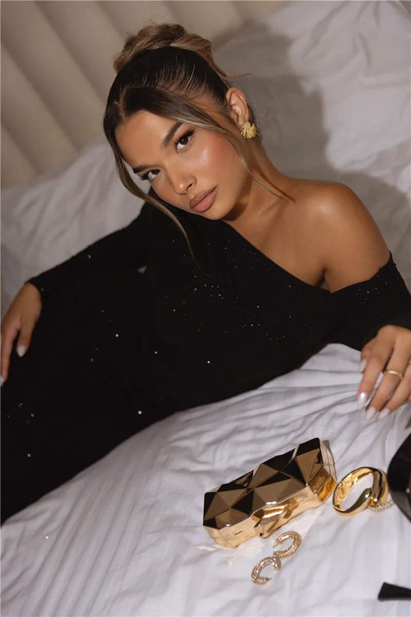 Sparkle Long Sleeve Sexy Maxi Dress For Women Inclined Shoulder Backless Bodycon Ruched Club Party Sexy Long Dress
