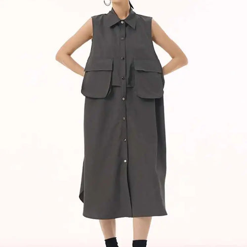 Load image into Gallery viewer, Women Black Shaped Pockets Big Size Midi Shirt Vest Dress New Lapel Sleeveless Fashion Tide Spring Autumn 2025 1DH9471

