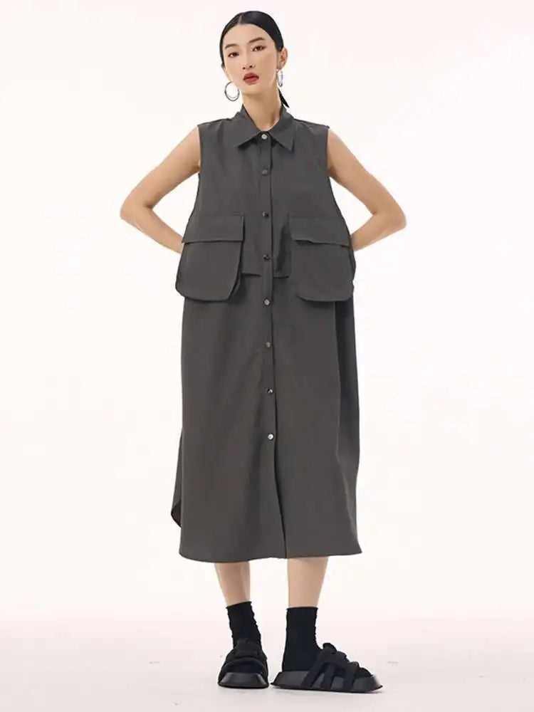Women Black Shaped Pockets Big Size Midi Shirt Vest Dress New Lapel Sleeveless Fashion Tide Spring Autumn 2025 1DH9471