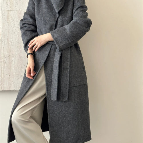 Load image into Gallery viewer, Solid Loose Patchwork Pocket Overcoat For Women Stand Collar Long Sleeve Spliced Button Minimalist Long Coat Female
