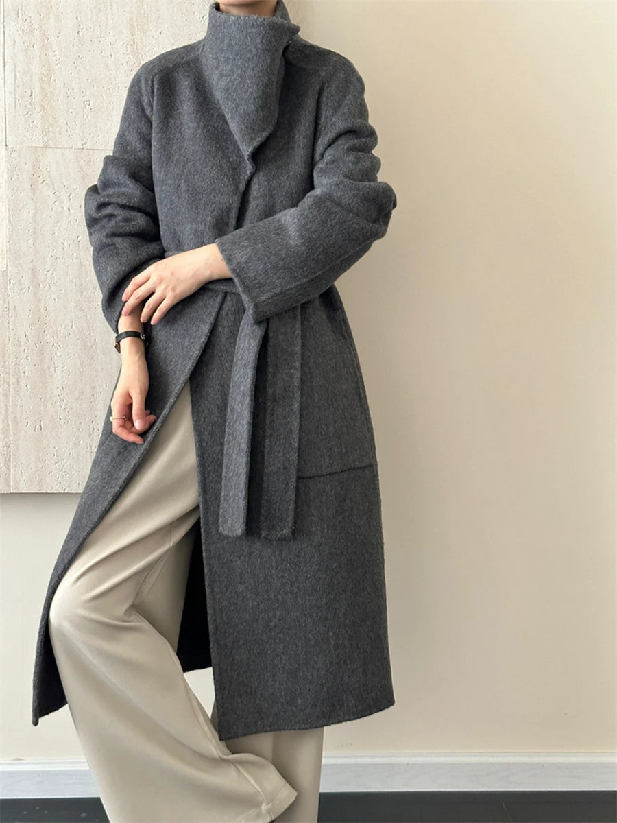 Solid Loose Patchwork Pocket Overcoat For Women Stand Collar Long Sleeve Spliced Button Minimalist Long Coat Female