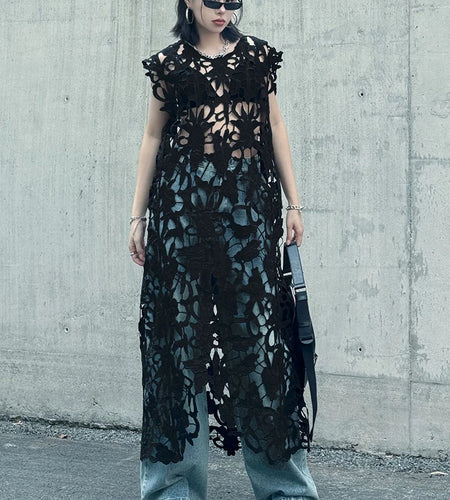 Women Black Lace Hollow Out Perspective Big Size Dress New Round Neck Sleeveless Fashion Tide Spring Summer 2025 1DJ0243