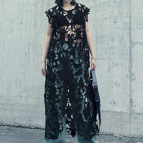 Load image into Gallery viewer, Women Black Lace Hollow Out Perspective Big Size Dress New Round Neck Sleeveless Fashion Tide Spring Summer 2025 1DJ0243
