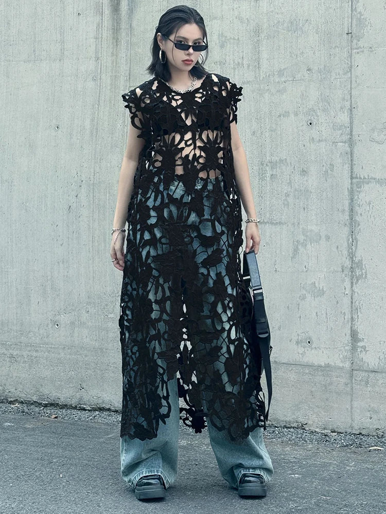 Women Black Lace Hollow Out Perspective Big Size Dress New Round Neck Sleeveless Fashion Tide Spring Summer 2025 1DJ0243