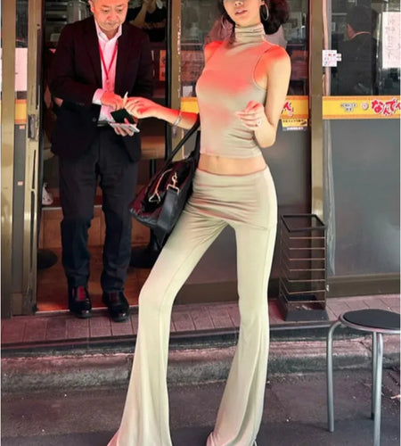 Fashion Sleeveless Tank Top Tight Pants Women's Set Solid Color Slim Two Piece Flare Pants Female Casual Street 2024
