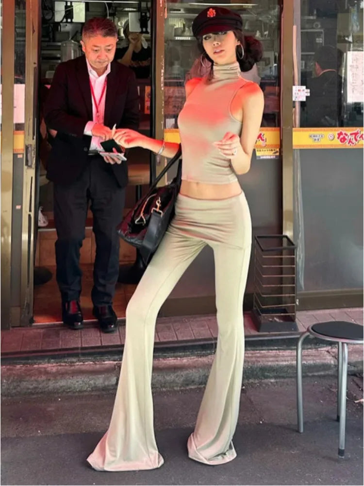 Fashion Sleeveless Tank Top Tight Pants Women's Set Solid Color Slim Two Piece Flare Pants Female Casual Street 2024