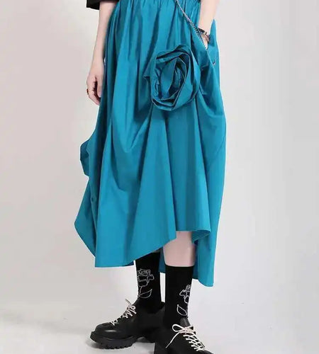 High Elastic Waist Blue Three Dimensional Flower Pleated Half-body Skirt Women Fashion New Spring Autumn 2025 1DF5749