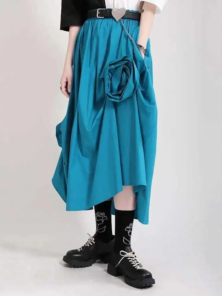 High Elastic Waist Blue Three Dimensional Flower Pleated Half-body Skirt Women Fashion New Spring Autumn 2025 1DF5749