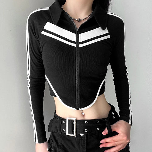 Load image into Gallery viewer, Korean Fashion Stripe Spliced Skinny Women Jacket Zip Up Coat Bodycon Slim Casual Sporty Chic Outwear Shirts Cropped
