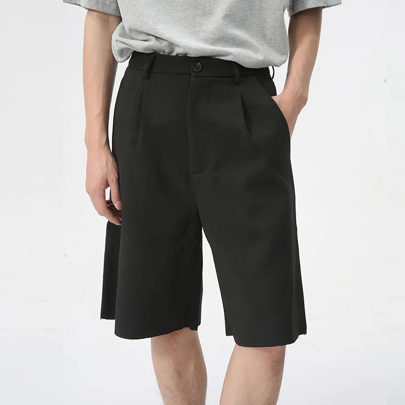 Summer Trendy Male Shorts Solid Color Loose Minimalist Draping Straight Business Casual Knee Length Pants 9C6173