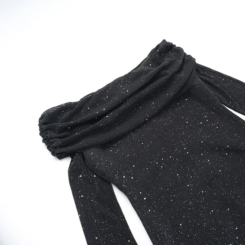Glitter Off-shoulder Sexy Maxi Dress For Women Gown Black Strapless Long Sleeve Bodycon Club Party Sparkle Long Dress