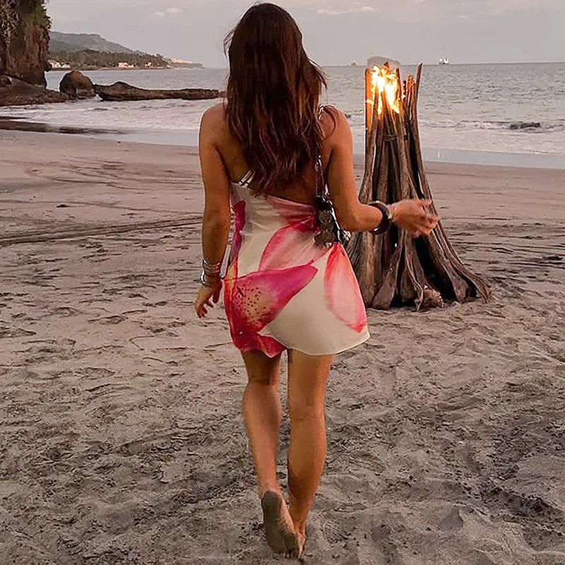 One Shoulder Backless Print Sexy Mini Dress Women Summer New Hollow Out Sleeveless Ruched Beach Club Party Dress