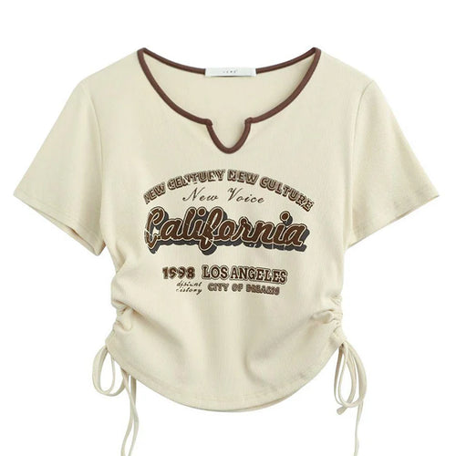 Load image into Gallery viewer, Drawstring Y2k T Shirt Women Letter Crop Top Americal Retro Short Sleeve Tees Korean Graphic Slim Summer Tshirts 2000s Clothes
