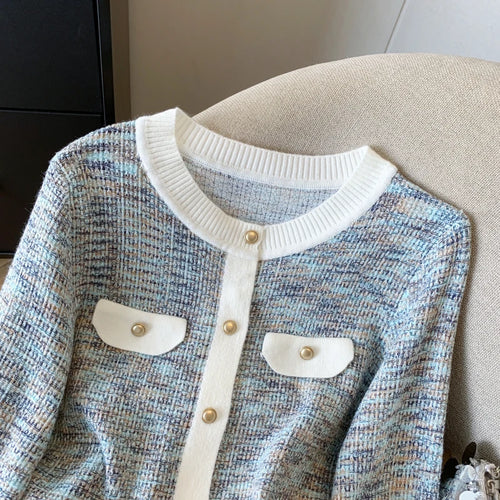 Load image into Gallery viewer, French Fashion Patchwork Elegant Long Sleeve O Neck Women Sweaters 2024 New Autumn Winter Single Breasted Vacation Cardigan Tops
