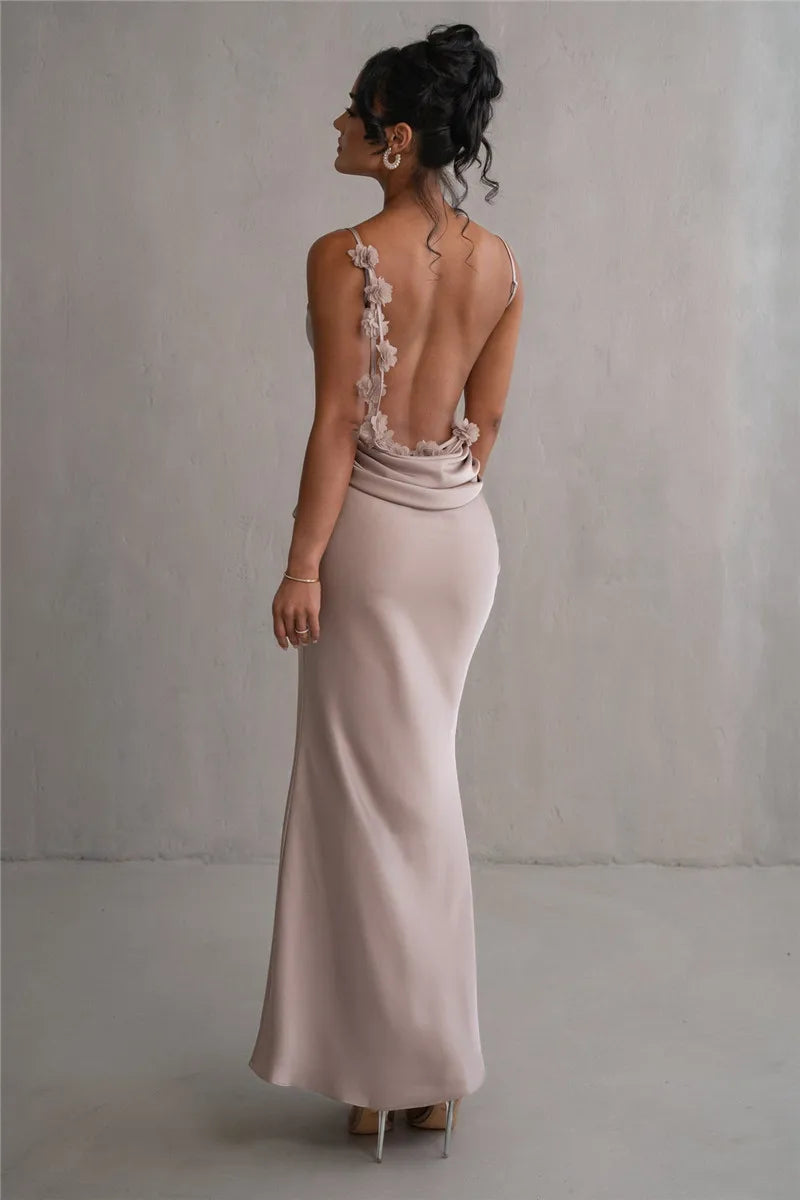 Floral Draped Backless Maxi Long Dress For Women Fashion Spaghetti Strap Sleeveless Bodycon Evening Party Dress Elegant
