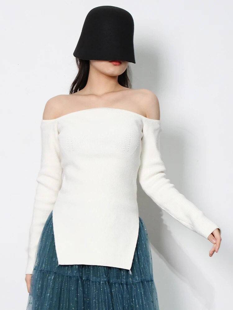 Solid Minimalist Sweater For Women Square Collar Long Sleeve Slim Knitting Pullover Female Fashion Clothing