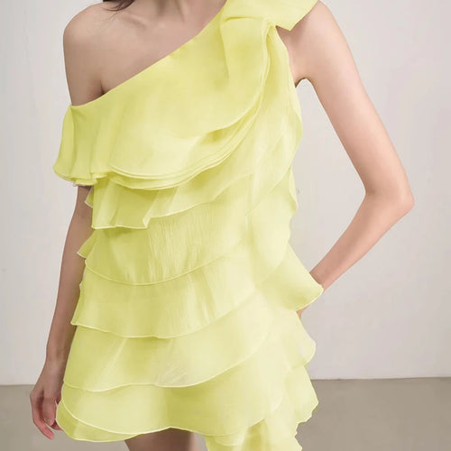 Load image into Gallery viewer, Solid Spliced Ruffles Slimming Dresses For Women Diagonal Collar Sleeveless High Waist Temperament Dress Female New
