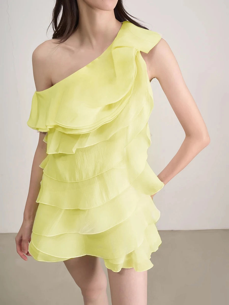 Solid Spliced Ruffles Slimming Dresses For Women Diagonal Collar Sleeveless High Waist Temperament Dress Female New