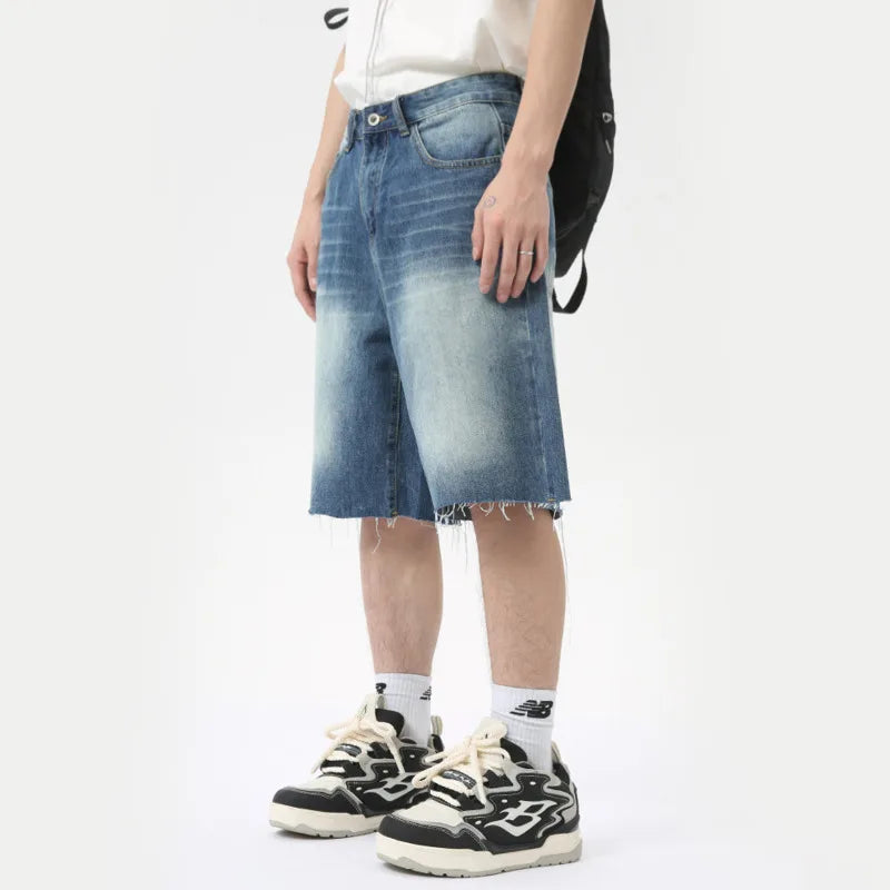 American Style Men's Denim Shorts Casual Worn-out Straight Male Trousers Wide Leg Loose Bottom Trend Summer 9C6318