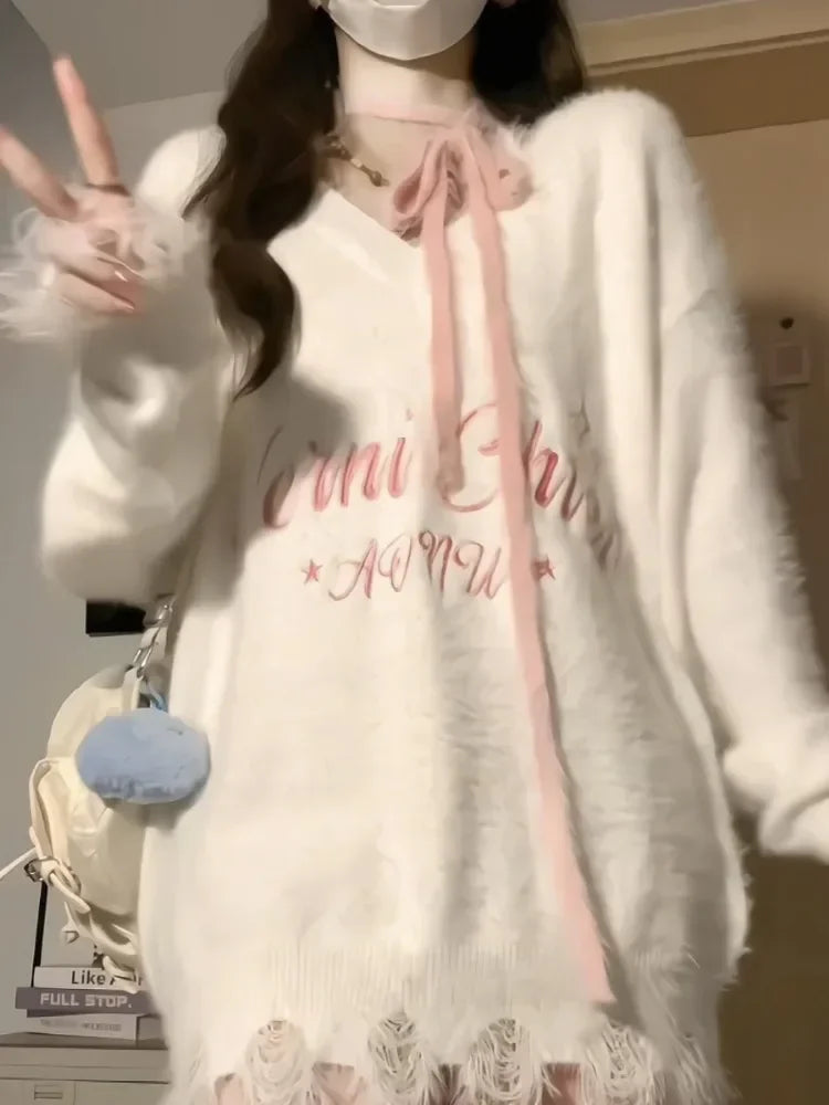 New Sexy Fashion Streetwear Outfits 2025 Spring Autumn Ripped Loose Women Pullover Y2k Aesthetic Letter Embroidery Grunge Tops