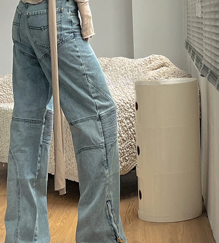 Denim Wide Leg Pants  For Women High Waist Patchwork Pocket Casual Autumn Jeans Female Fashion Clothing