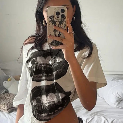 Load image into Gallery viewer, American Street Hip Hop Mouth Print Loose T-shirt Women Personalized Casual Top
