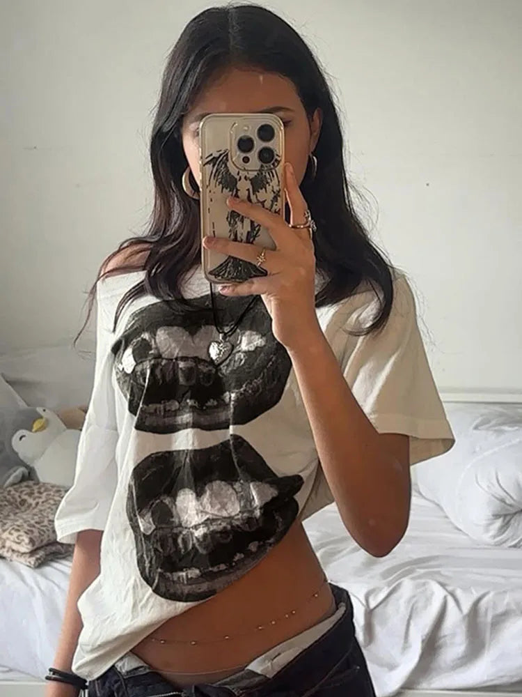 American Street Hip Hop Mouth Print Loose T-shirt Women Personalized Casual Top
