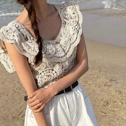 Load image into Gallery viewer, Crochet Crop Top Women Summer Clothes Cutout V Neck Fly Sleeve Buttons T Shirt Vest y2k Clothing Beach Streetwear

