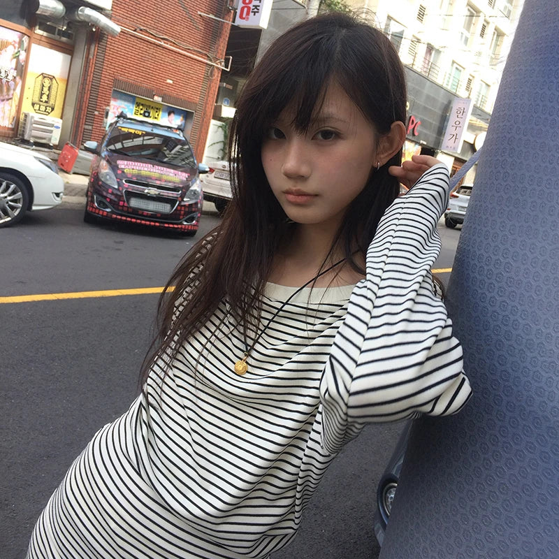 Japanese Y2k Long Sleeve Striped T-shirt 2000s Lazy Style Knitted Tops Vintage Harajuku Knit T Shirt American Retro 90s