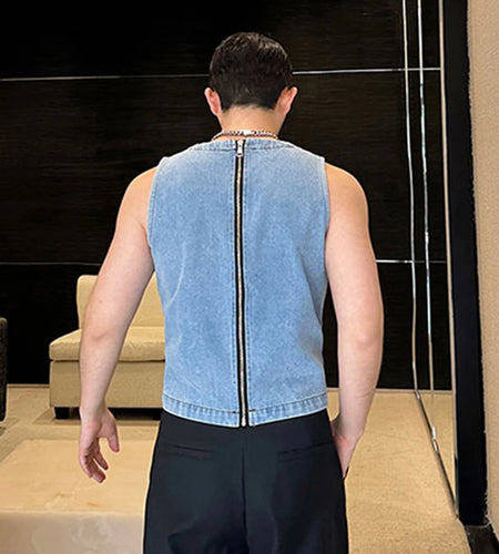 Summer Trendy Men's Washed Denim Tank Top Sleeveless Round Neck Double Zipper Niche Design Personality Vest 9C5938