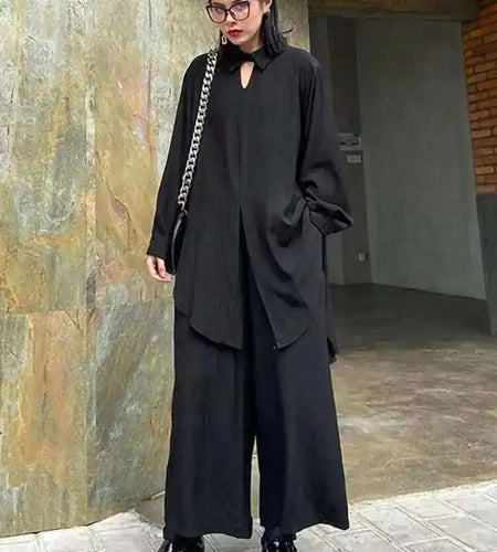 Wide Leg Pants Big Size Two Piece Suit New Lapel Long Sleeve Black Loose Fit Women Fashion Tide Spring Autumn 2025 1DF0685