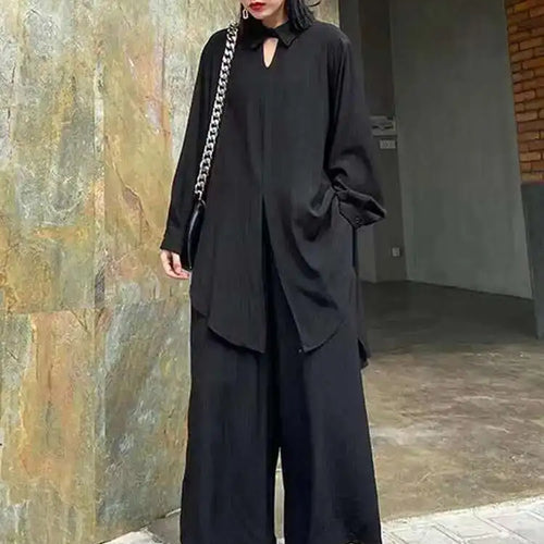 Load image into Gallery viewer, Wide Leg Pants Big Size Two Piece Suit New Lapel Long Sleeve Black Loose Fit Women Fashion Tide Spring Autumn 2025 1DF0685
