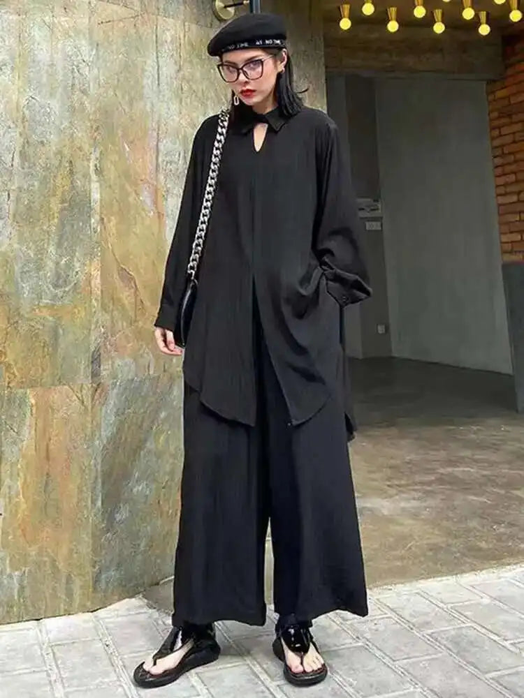 Wide Leg Pants Big Size Two Piece Suit New Lapel Long Sleeve Black Loose Fit Women Fashion Tide Spring Autumn 2025 1DF0685