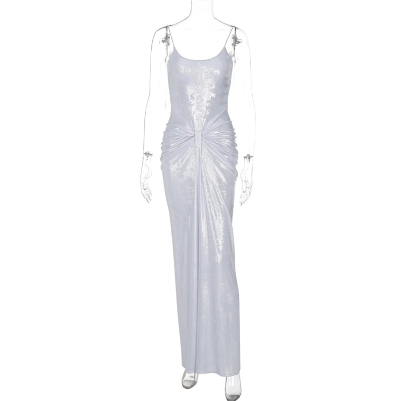 Sliver Spaghetti Strap Sexy Maxi Dress For Women Fashion Sparkle Sleeveless Backless Ruched Beach Club Sexy Long Dress