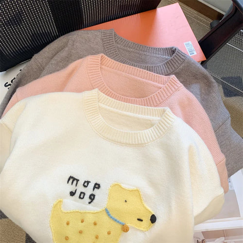 Load image into Gallery viewer, Sweet Beige Pink Puppy Embroidered Casual Sweaters Women Gray Round Neck Warm Long Sleeves Knit Pullover Tops Autumn Winter Chic
